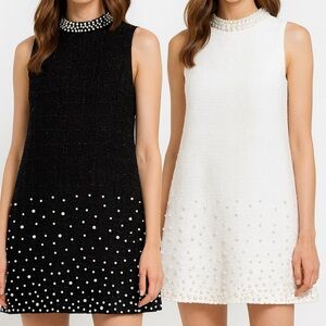 Tweed Pearl Embellished Shift Dress Small